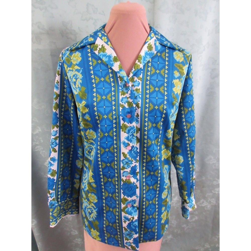 VTG 60's Pykettes Shirt Cross Stitch Print Size Medium Polyester Top